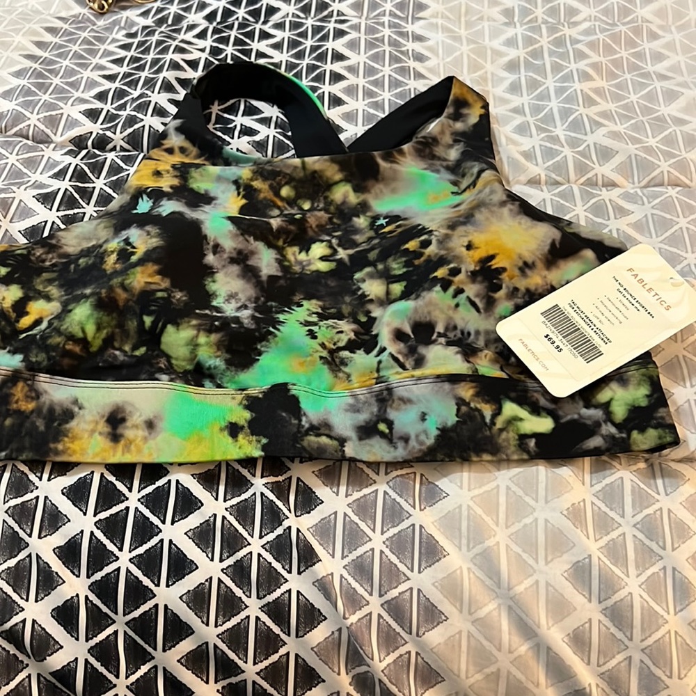 Fabletics Tie-Dye Black Green Yellow Sports Bra